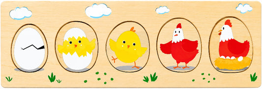 Wooden educational puzzle with cartoon chicken stages on a wooden board.