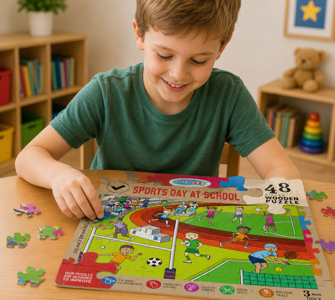 Child playing with a puzzle titled 'Sports Day at School' in a room with books and toys.