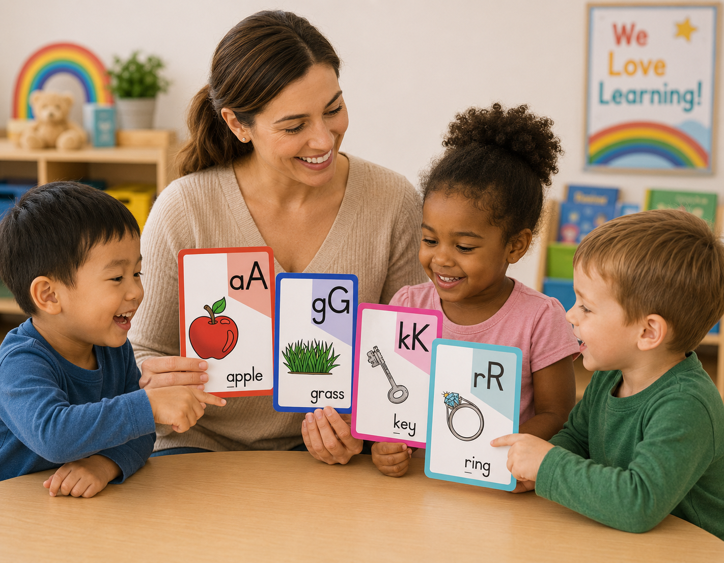 Teacher and students in a classroom setting with educational cards.
