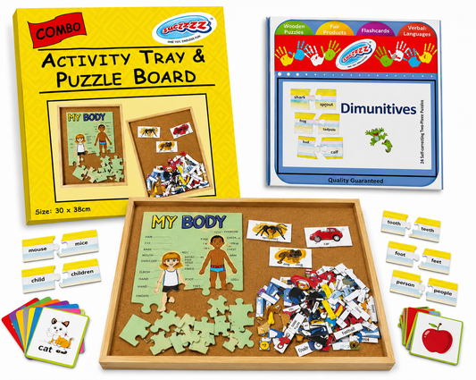 Educational toy set with activity tray, puzzle board, and flashcards on a white background