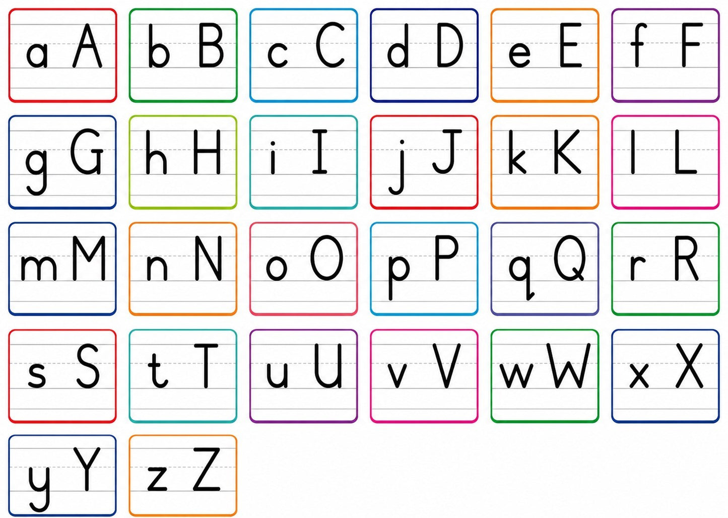 Colorful alphabet letters from A to Z on a white background