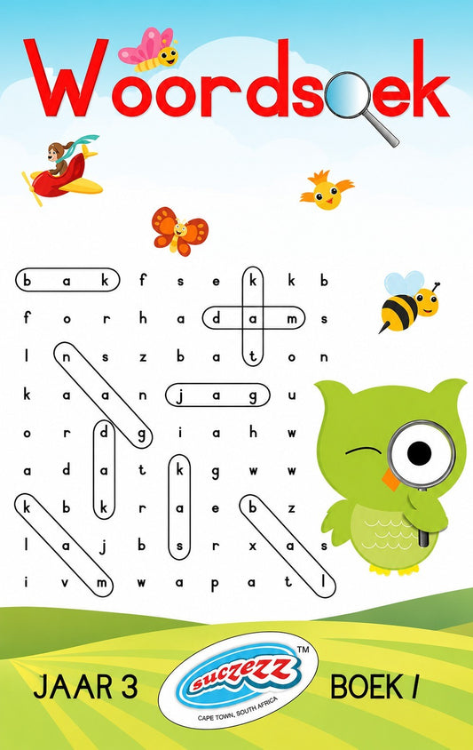 Children's word search book with a green owl illustration on a blue and green background.