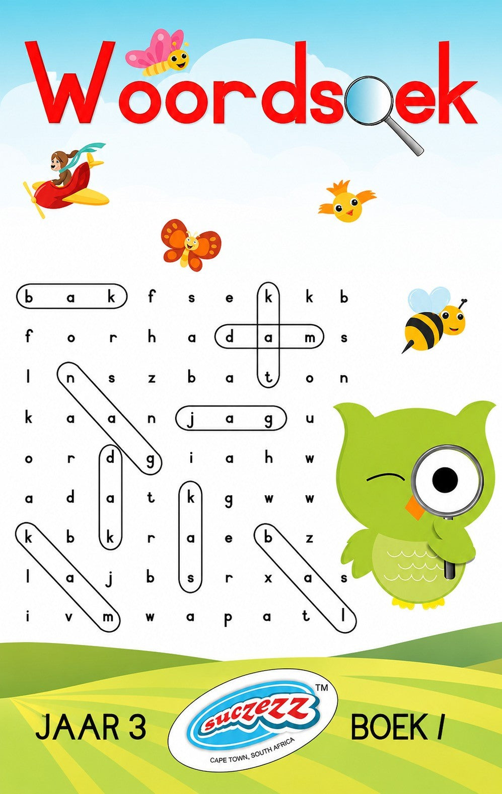 Children's word search book with a green owl illustration on a blue and green background.