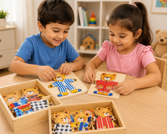 Two children playing with teddy bear clothing puzzles at a table.