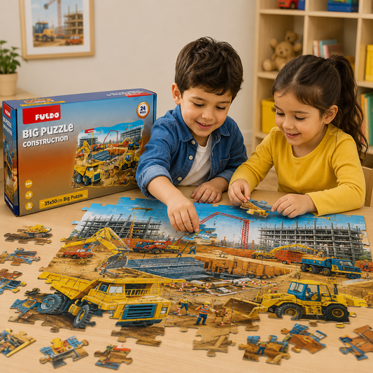 Two children playing with a construction-themed puzzle set in front of the Fulblo puzzle box.