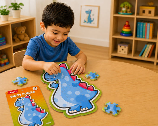 Child playing with a dinosaur puzzle at a table in a room with shelves and books.