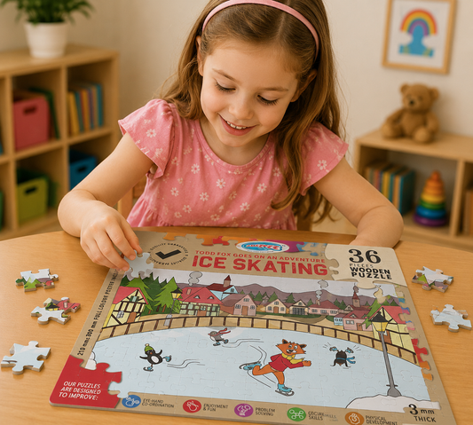 Young girl playing with a wooden puzzle on a table in a room with shelves and toys