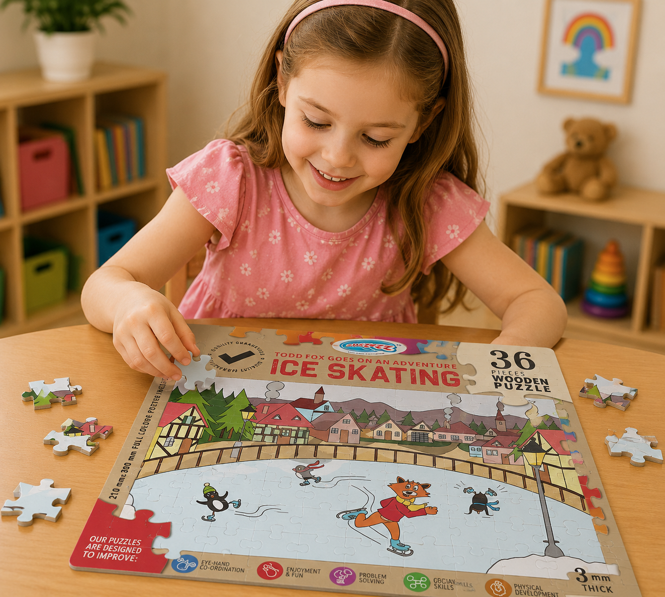 Young girl playing with a wooden puzzle on a table in a room with shelves and toys