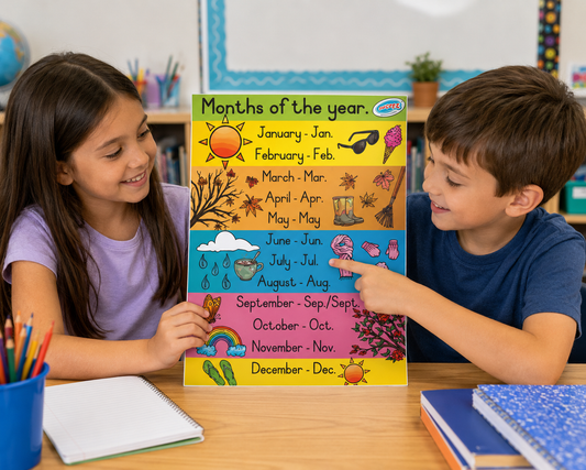 Two children looking at a colorful chart of months of the year in a classroom setting.
