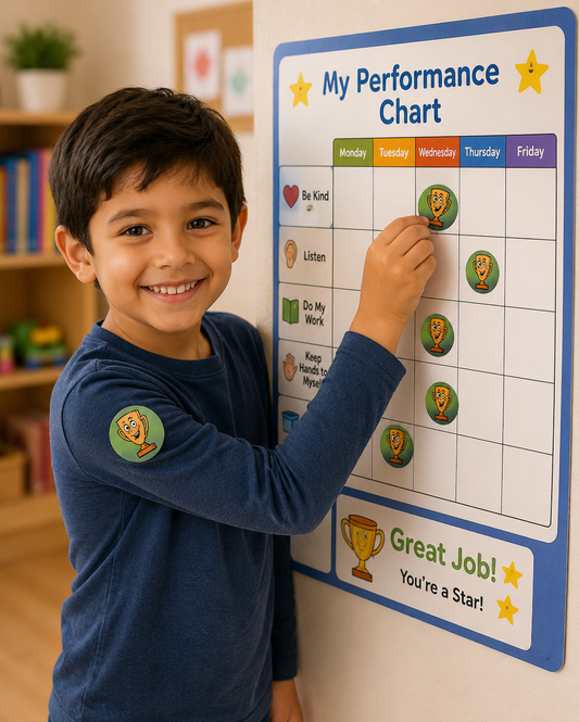 Child interacting with a performance chart in a classroom setting