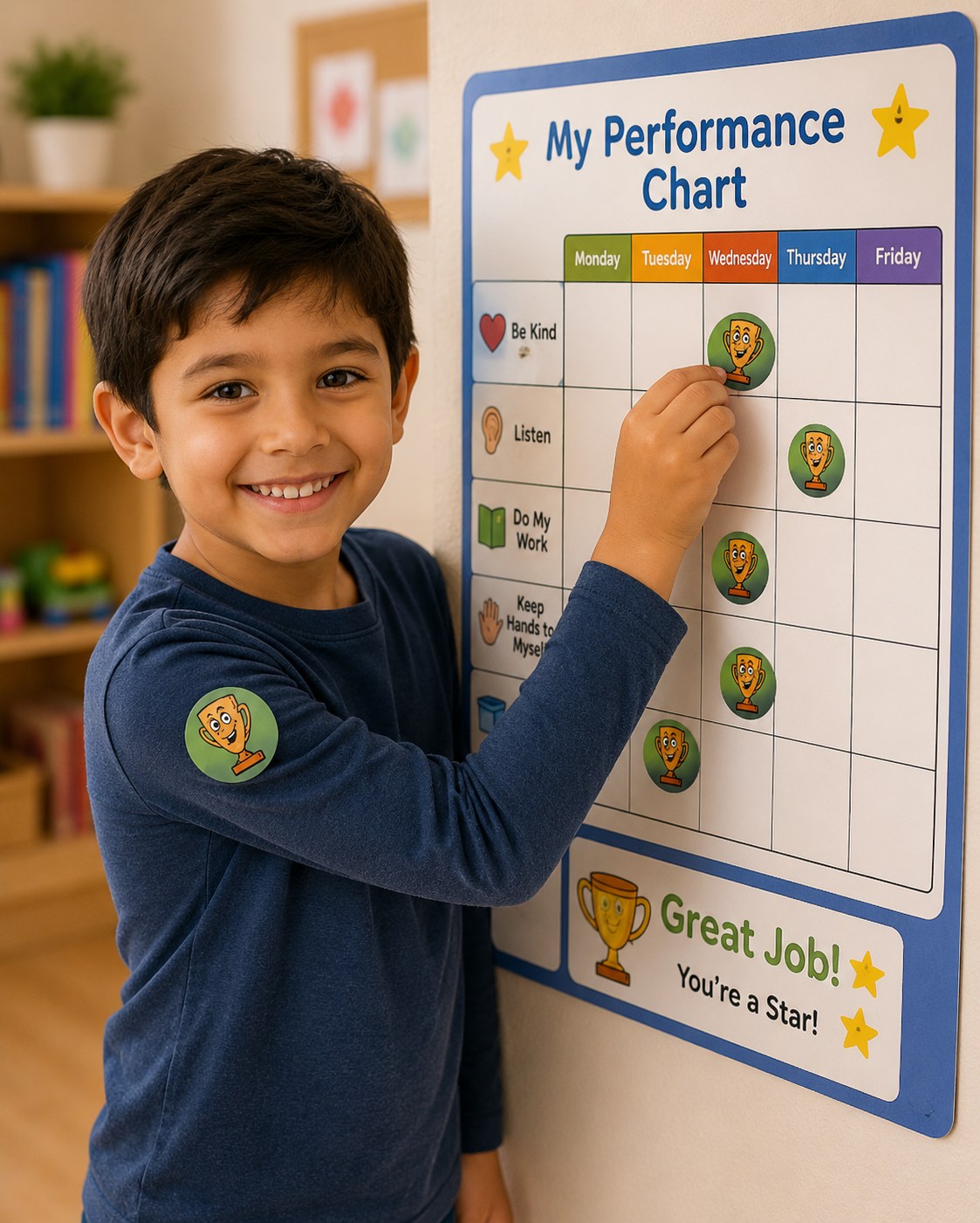 Child interacting with a performance chart in a classroom setting