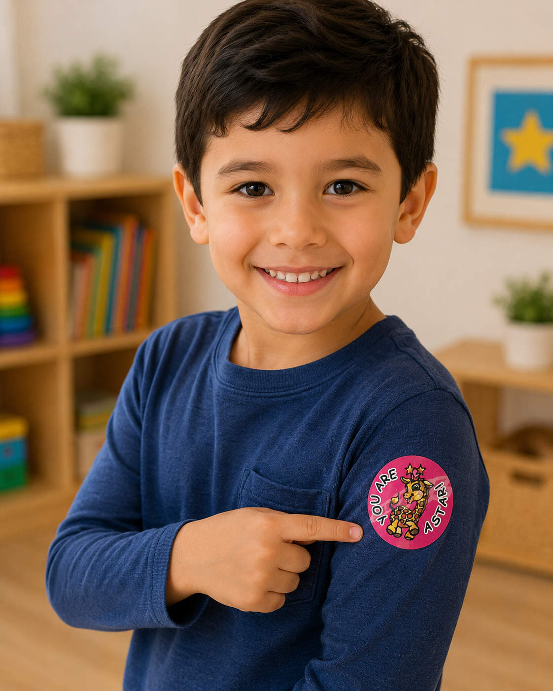 Child wearing a blue shirt with a pink patch, pointing to it in a classroom setting.