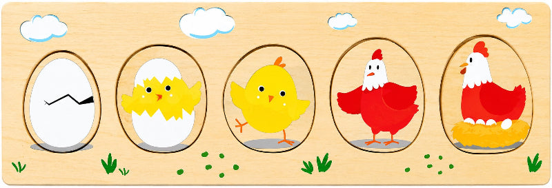 Wooden educational puzzle with cartoon chicken stages on a wooden board.