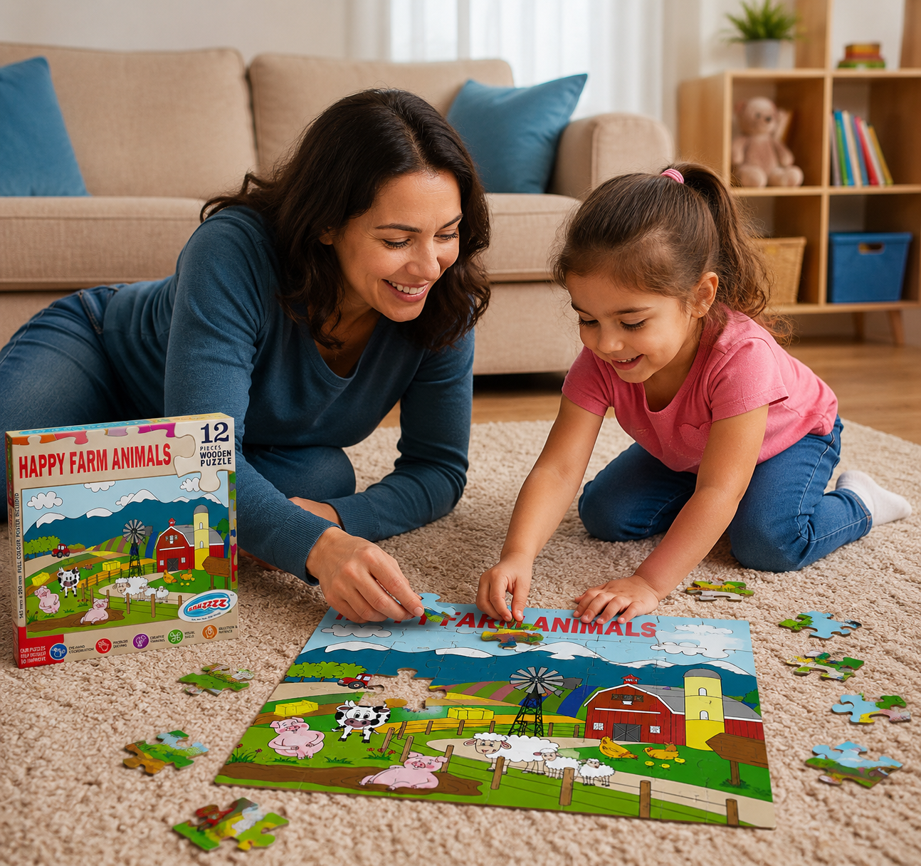 Woman and child playing with a farm-themed puzzle on the floor