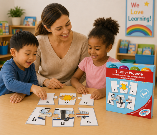 Teacher and students with educational puzzle game on a table
