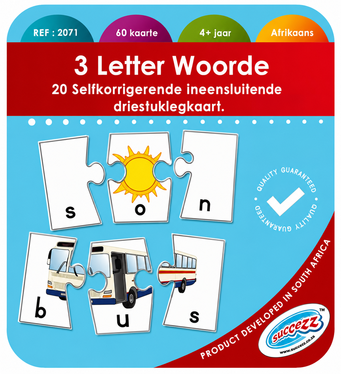 Educational puzzle packaging with letters and a bus illustration on a blue and red background. In Afrikaans