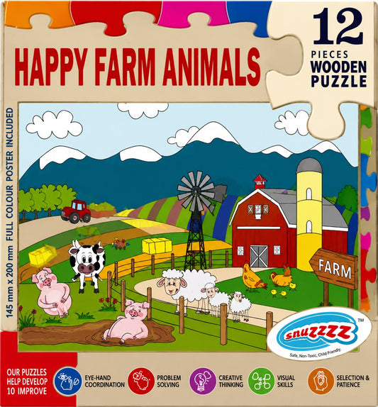Happy Farm Animals wooden puzzle packaging with farm scene illustration and Snuzzz branding.