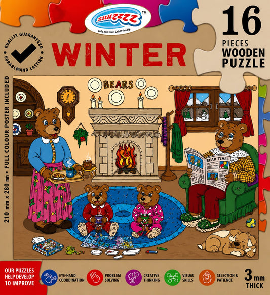 Wooden puzzle packaging featuring bears around a fireplace with winter-themed elements.