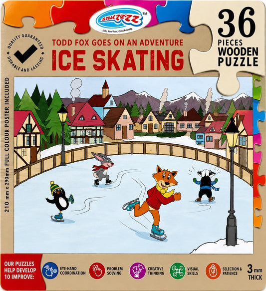 Wooden puzzle packaging with cartoon fox and friends ice skating, featuring And Razz brand.
