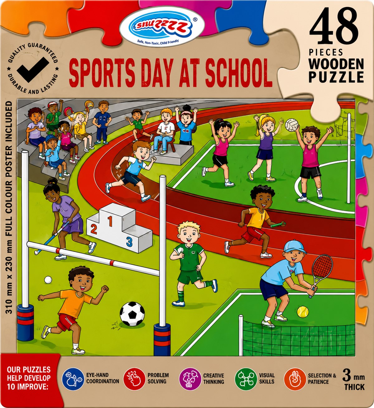 Wooden puzzle packaging with 'Sports Day at School' theme, showing children playing various sports