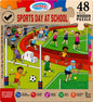 Wooden puzzle packaging with 'Sports Day at School' theme, showing children playing various sports
