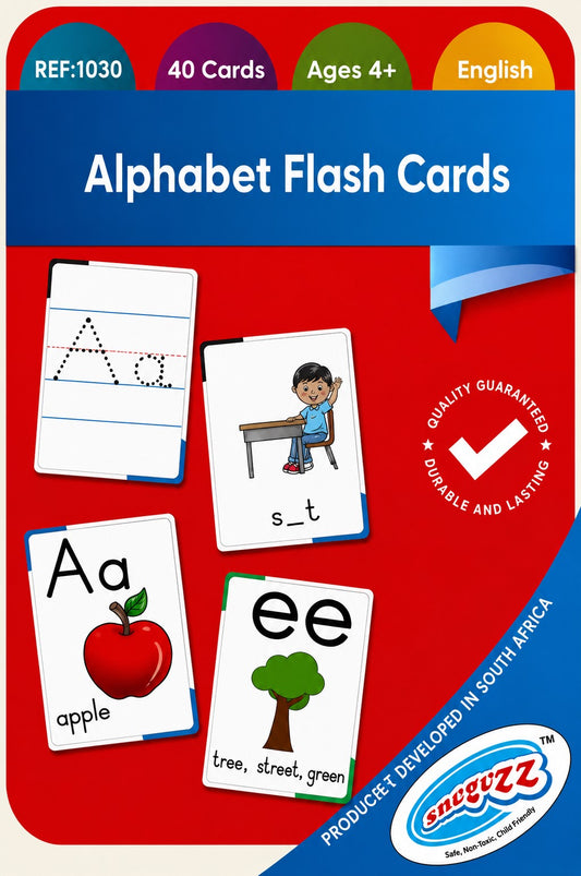 Packaging of alphabet flash cards with colorful design and text