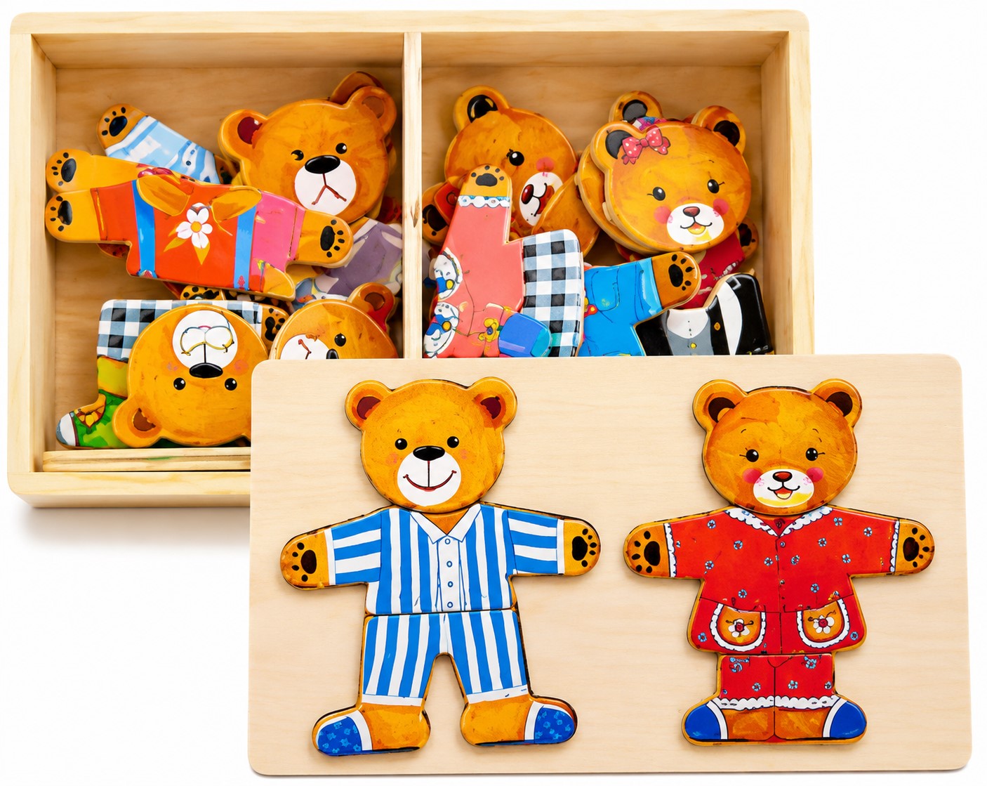 Wooden bear puzzle with interchangeable outfits in a box on a white background