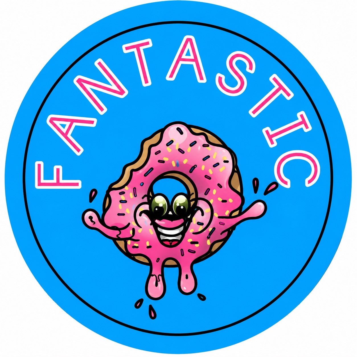 Cartoon donut character with pink icing and rainbow sprinkles on a blue background with 'FANTASTIC' text.