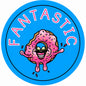 Cartoon donut character with pink icing and rainbow sprinkles on a blue background with 'FANTASTIC' text.