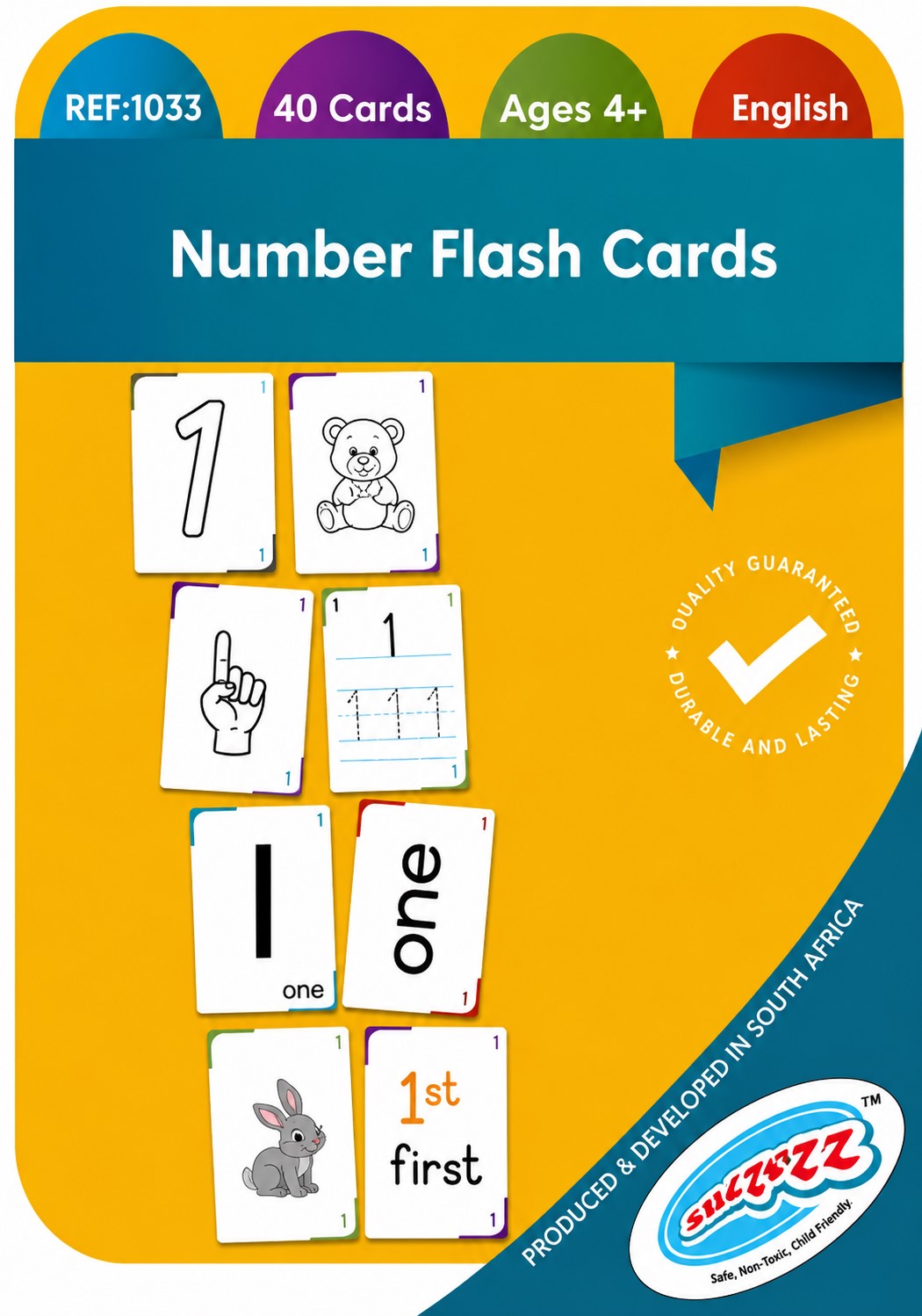 Number flash cards packaging with cards displayed on a yellow background
