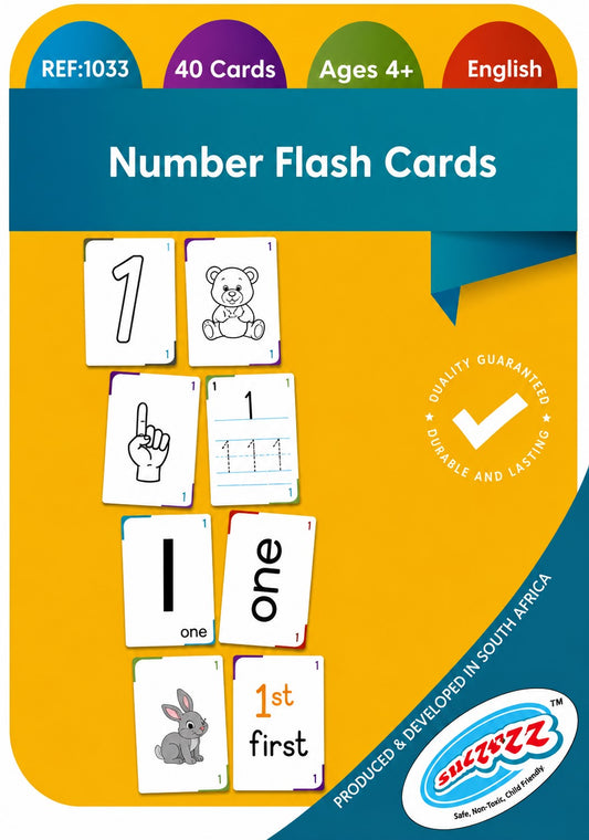 Number flash cards packaging with cards displayed on a yellow background