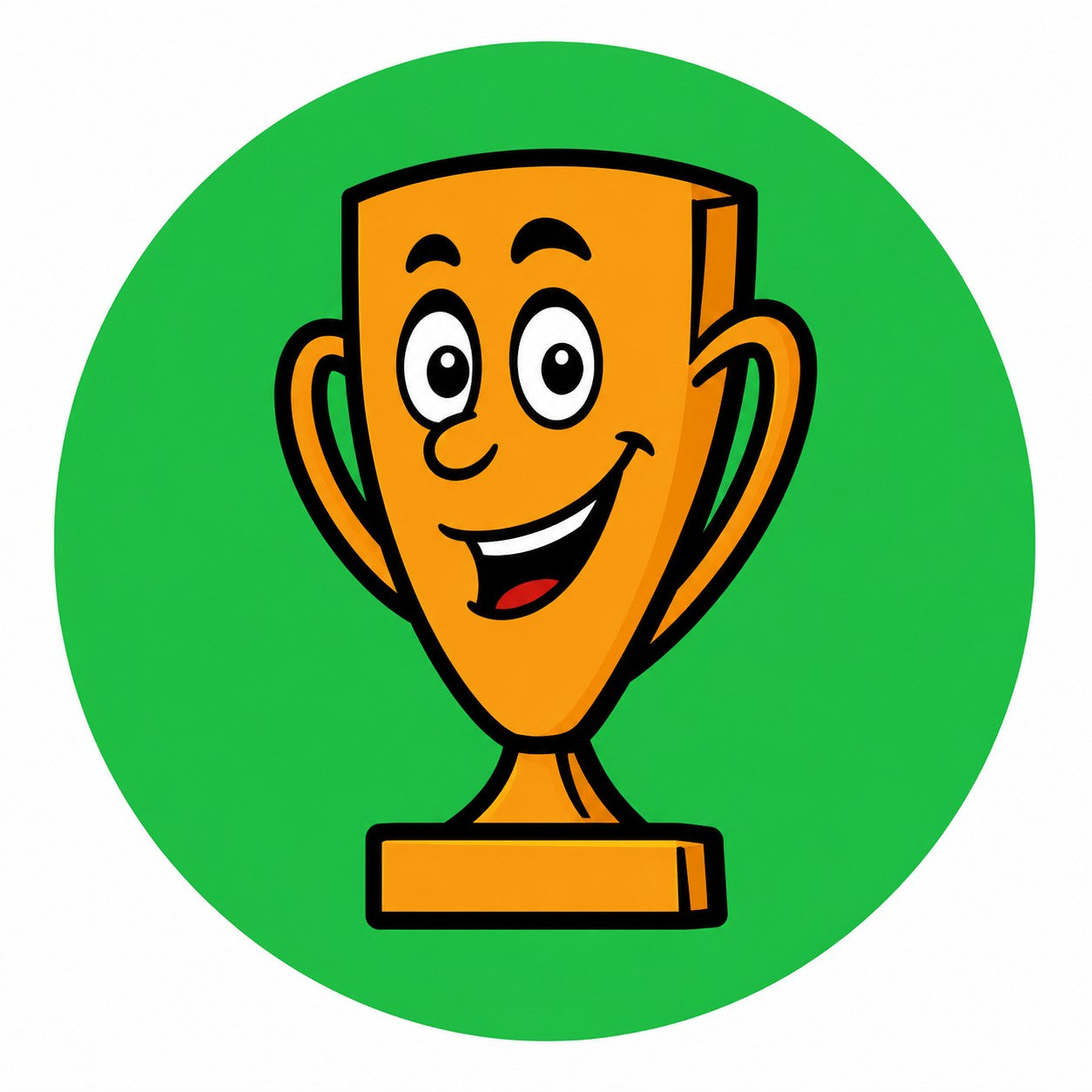 Cartoon trophy with a smiling face on a green circle background