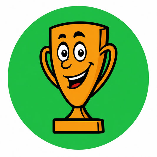 Cartoon trophy with a smiling face on a green circle background