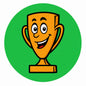 Cartoon trophy with a smiling face on a green circle background