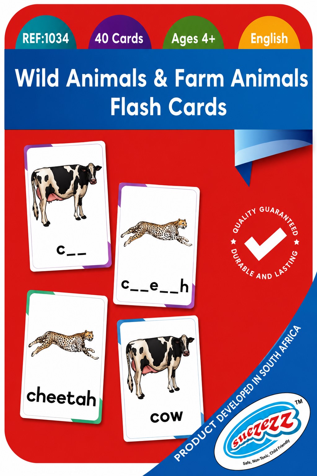 Flash card packaging with images of a cow, cheetah, and text on a red background