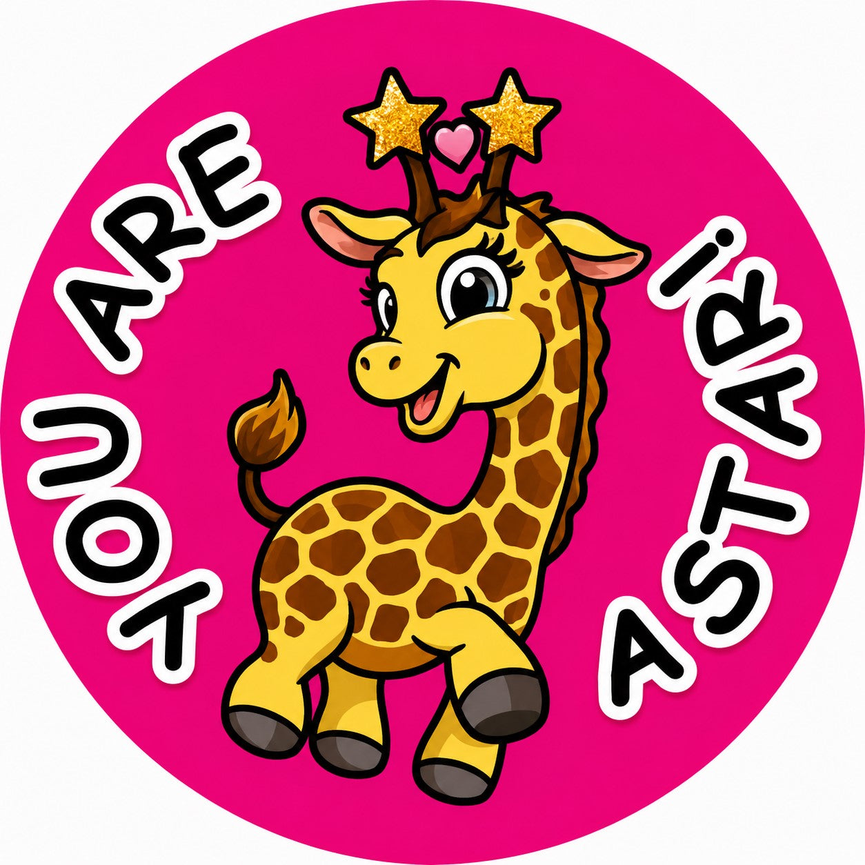 Cartoon giraffe with stars on a pink background with text 'YOU ARE A STAR!'.