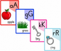 Educational flashcards with letters and objects for learning.