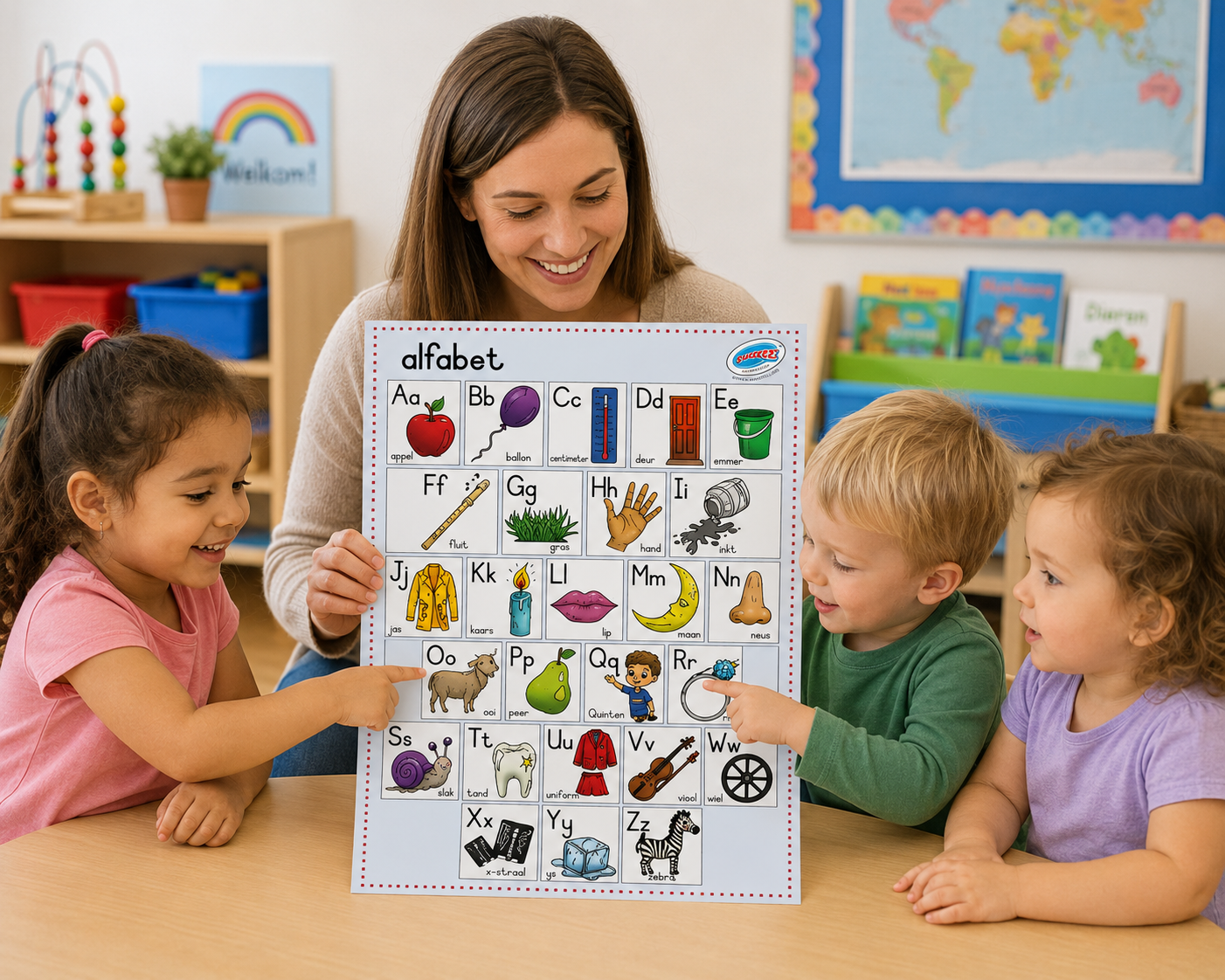Teacher and students in a classroom setting with an alphabet chart.