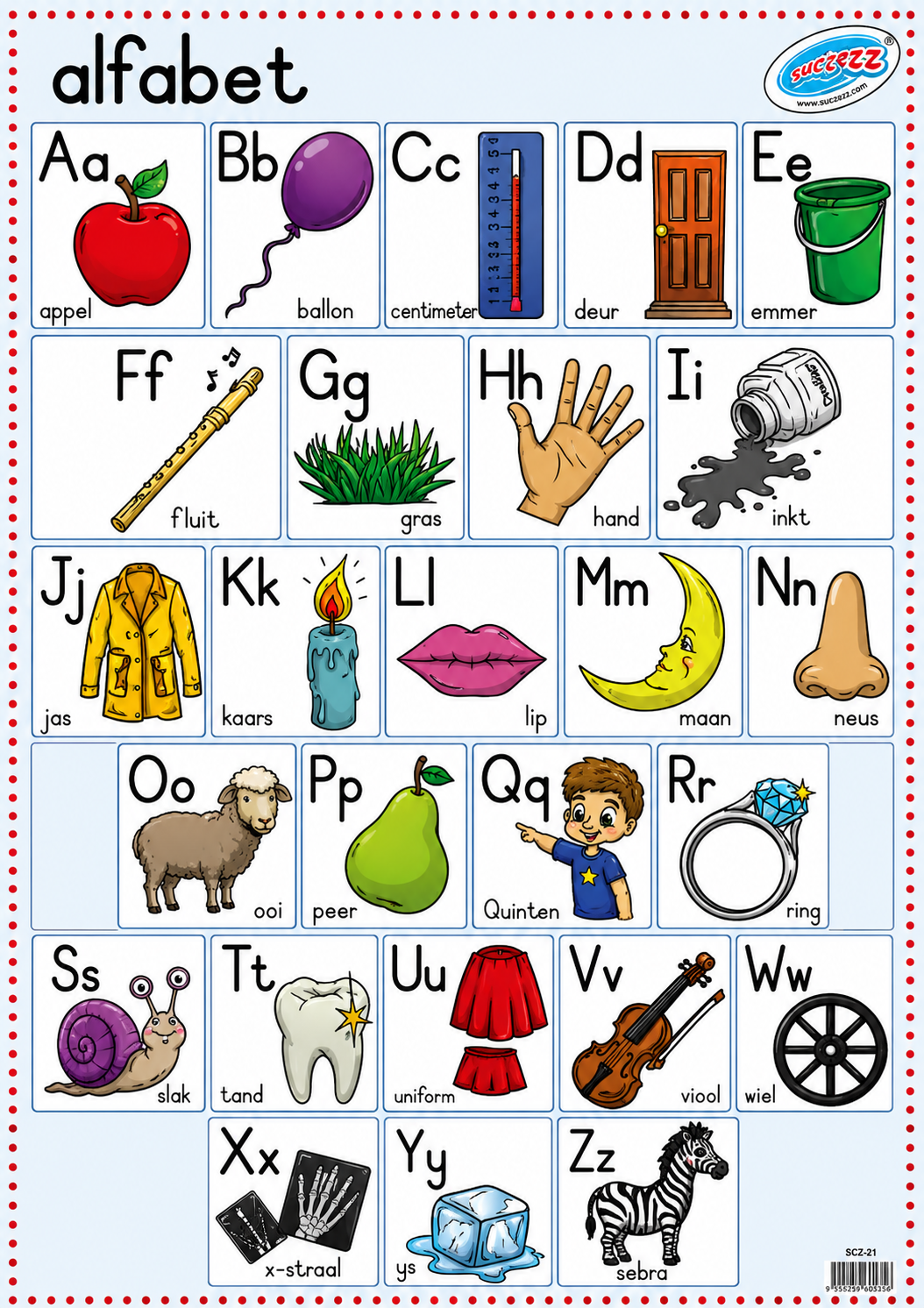 Alphabet chart with letters A-Z, each accompanied by a picture and Afrikaans word.