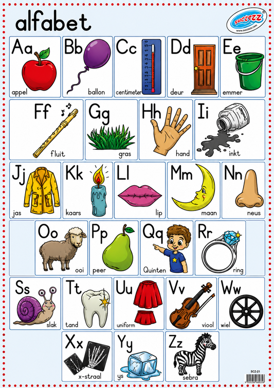 Alphabet chart with letters A-Z, each accompanied by a picture and Afrikaans word.
