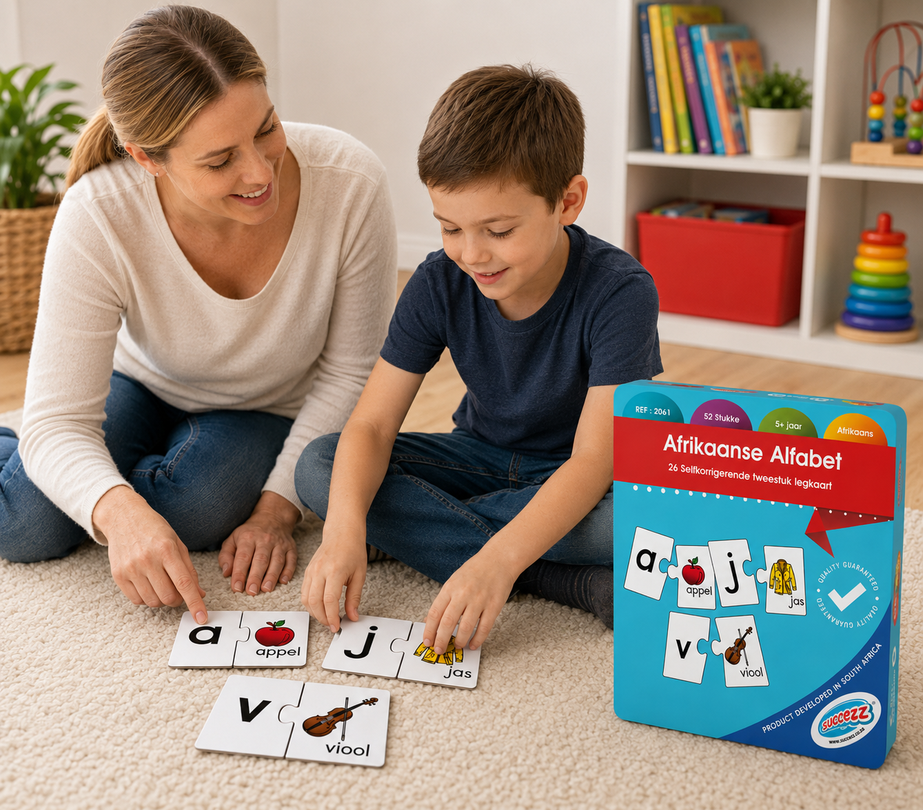 Woman and child playing with educational alphabet cards on the floor, with a book titled 'Afrikaanse Alfabet' in the background.