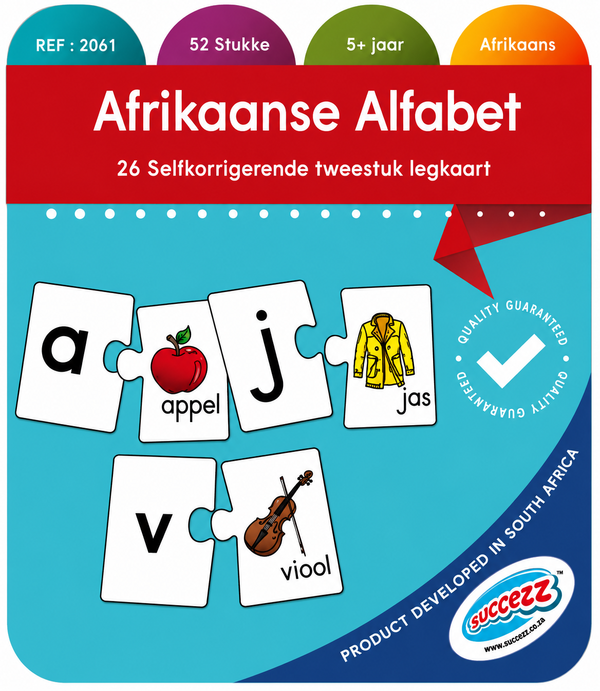 Packaging of Afrikaanse Alfabet with puzzle pieces and text on a blue and red background