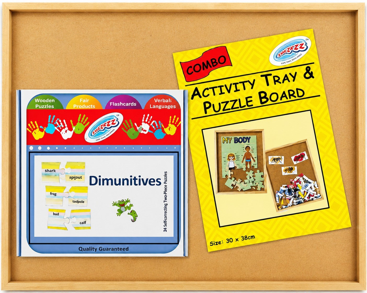 Combo activity tray and puzzle board with educational materials on a wooden tray