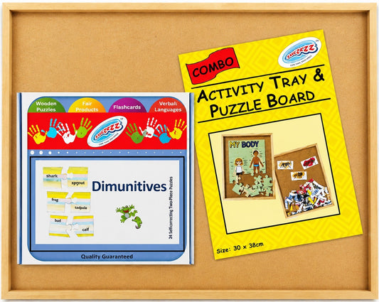 Combo activity tray and puzzle board with educational materials on a wooden tray