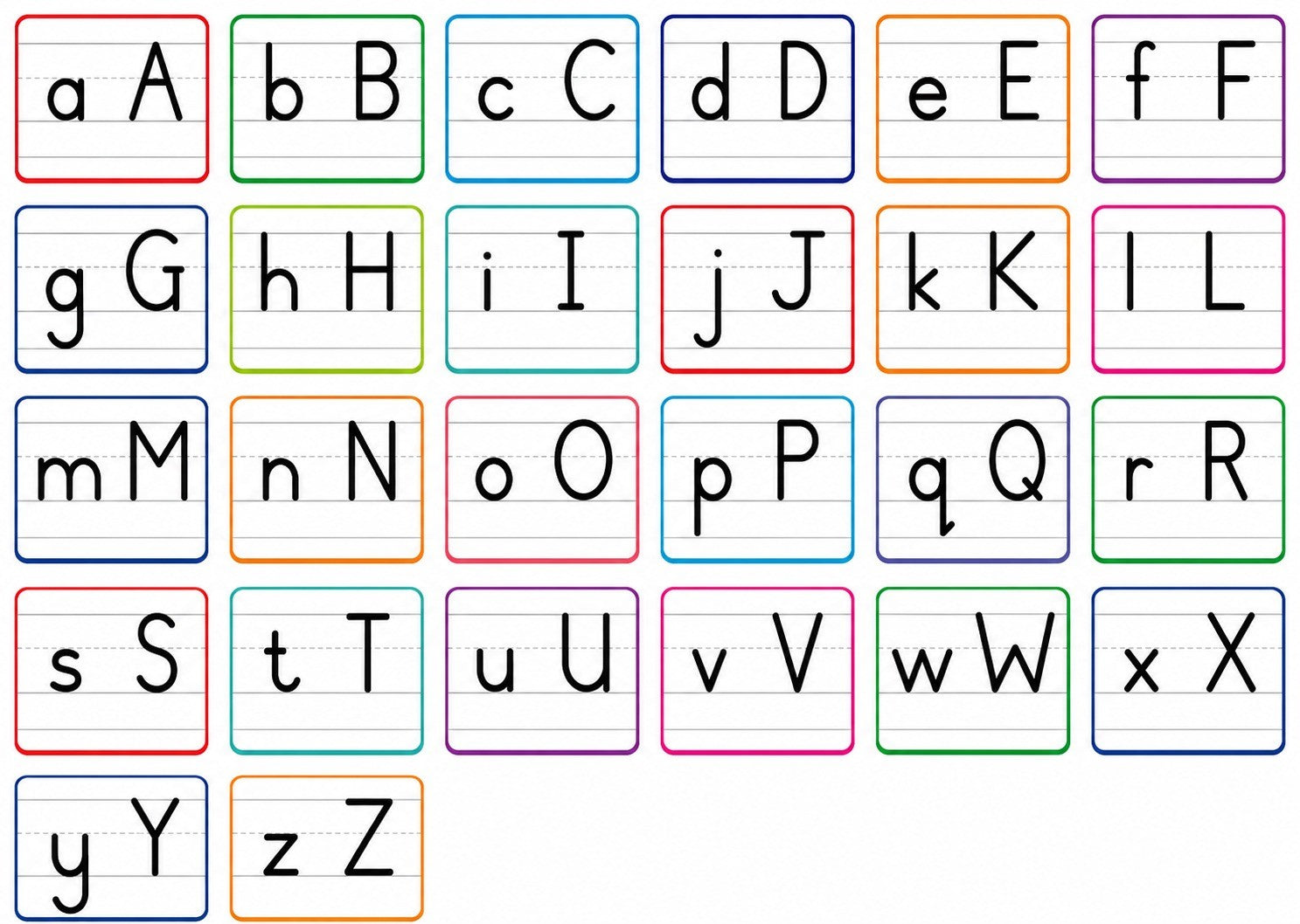 Colorful alphabet letters from A to Z on a white background