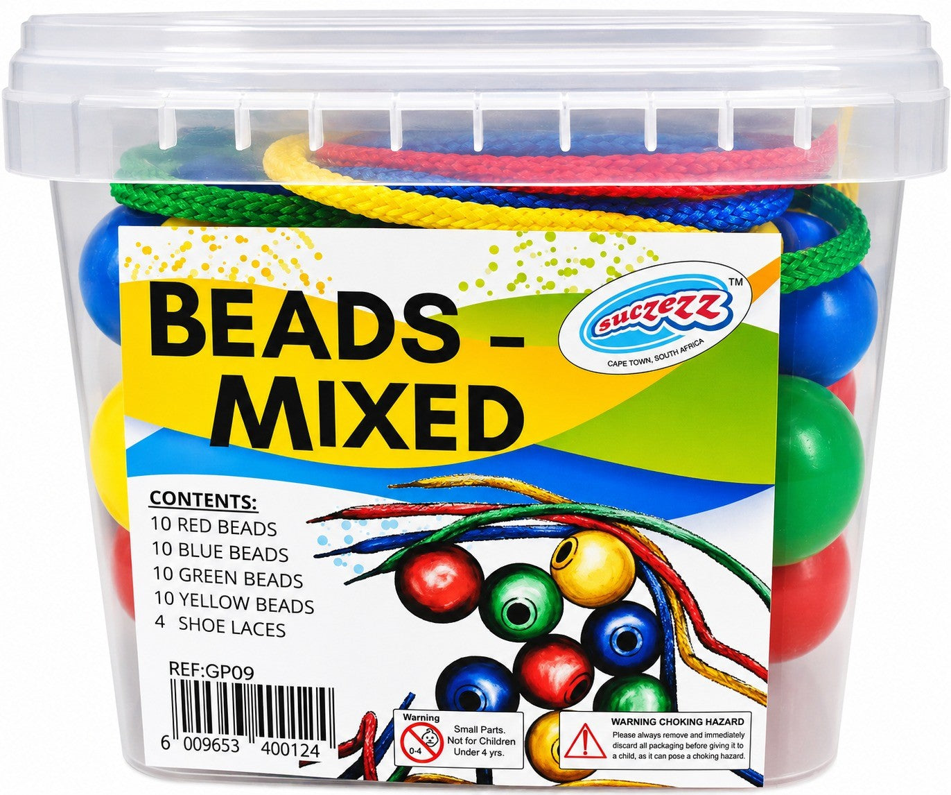 Bucket of mixed beads with a colorful label on a white background