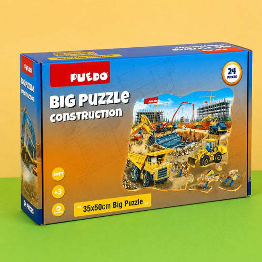 Puedeo Big Puzzle Construction packaging on a green and yellow gradient background