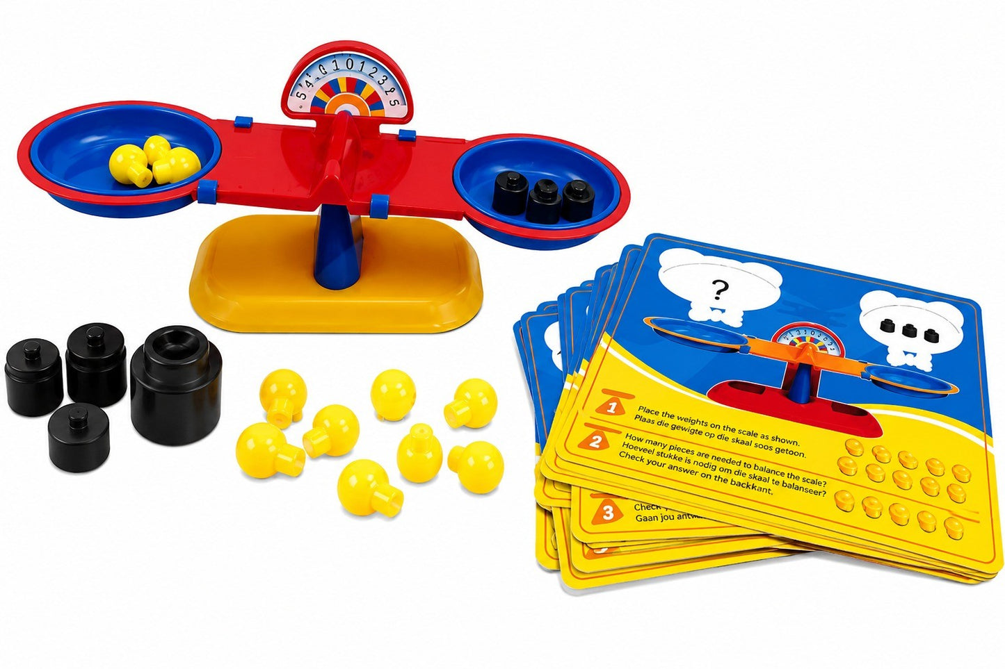 Board game set with a scoring device, tokens, and question cards on a white backgroun
