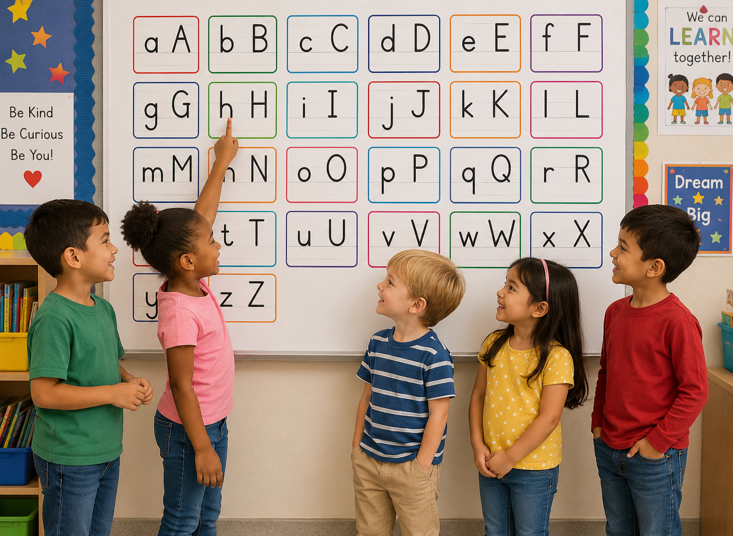 Children in a classroom pointing at a colorful alphabet chart.