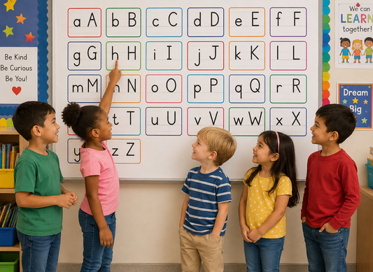 Children in a classroom pointing at a colorful alphabet chart.